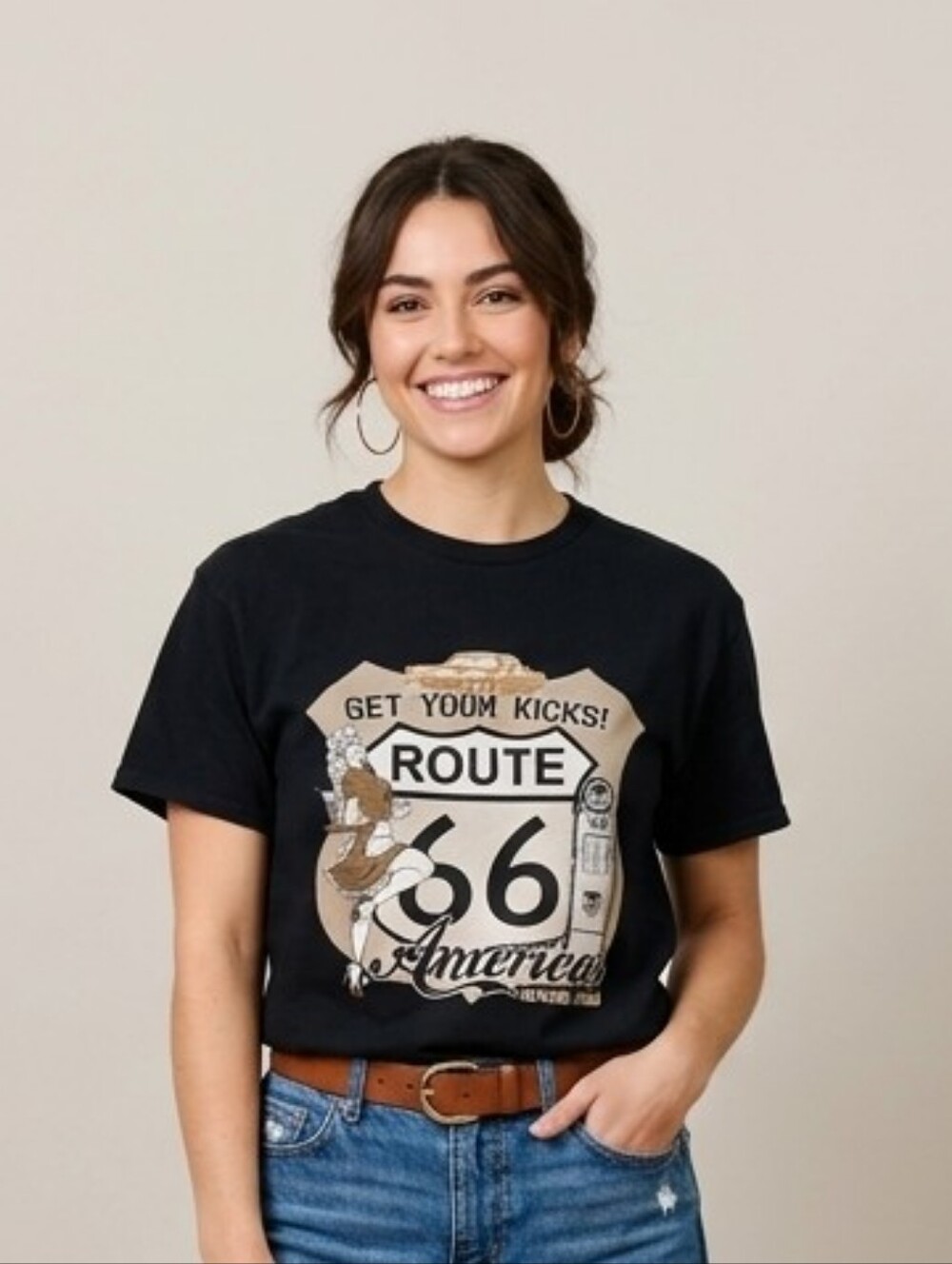 Vintage Hanes Black Route 66 Graphic Short Sleeve Tee